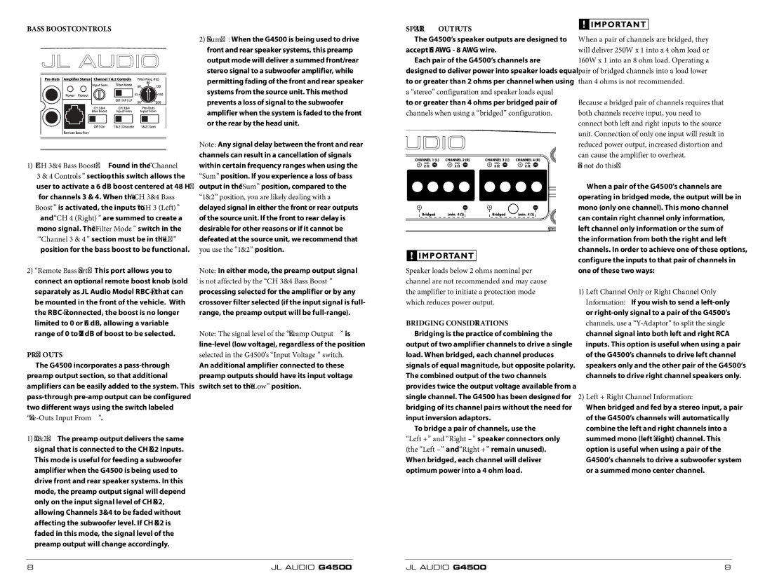 JL Audio G4500 Bass BOOST CONTROLS, Pre-OUTS, Speaker Outputs, Do not do this, Left + Right Channel Information 